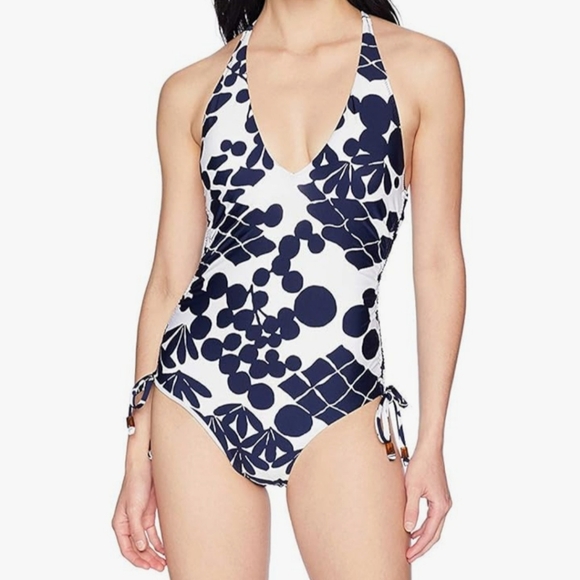 Trina Turk one-piece navy & white high leg maillot swimsuit Bali Blossoms size 4 - Picture 4 of 11